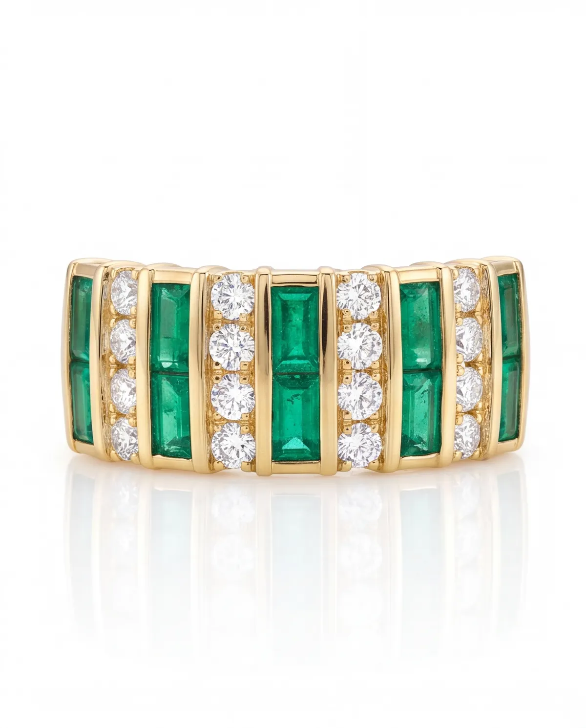 18k Yellow Gold Ring with Round EF VVS Diamonds and Green Synthetic Baguettes