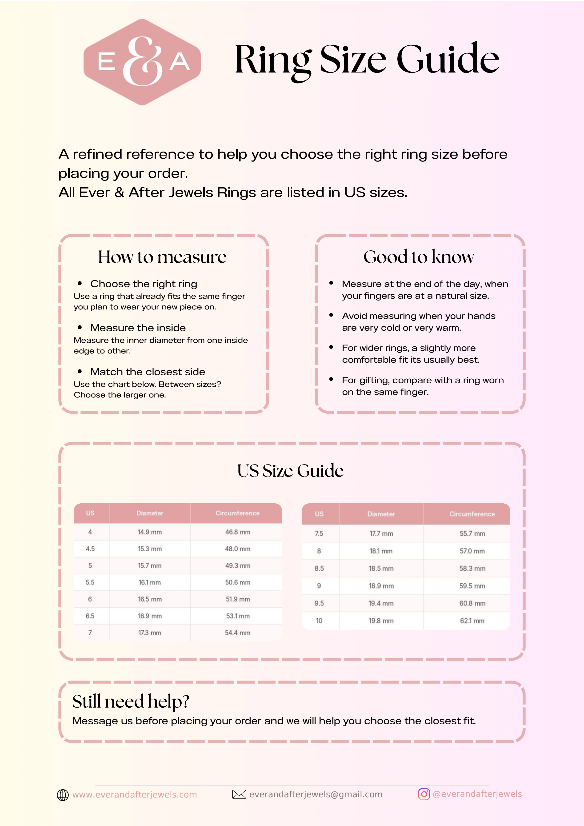 Ever & After Jewels Ring Size Guide